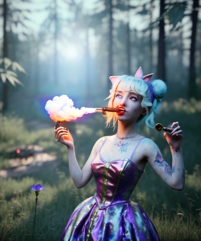 Ultra realistic wonderland photo, happy blonde woman smoking a pipe, blue dress, purple cat friend, circus dress style, old school tattoo, smoke, marijuana garden, glow eyes, perfect iris, soft color, highly detailed, unreal engine 5, ray tracing, RTX, lumen lighting, ultra detail, volumetric lighting, high definition.