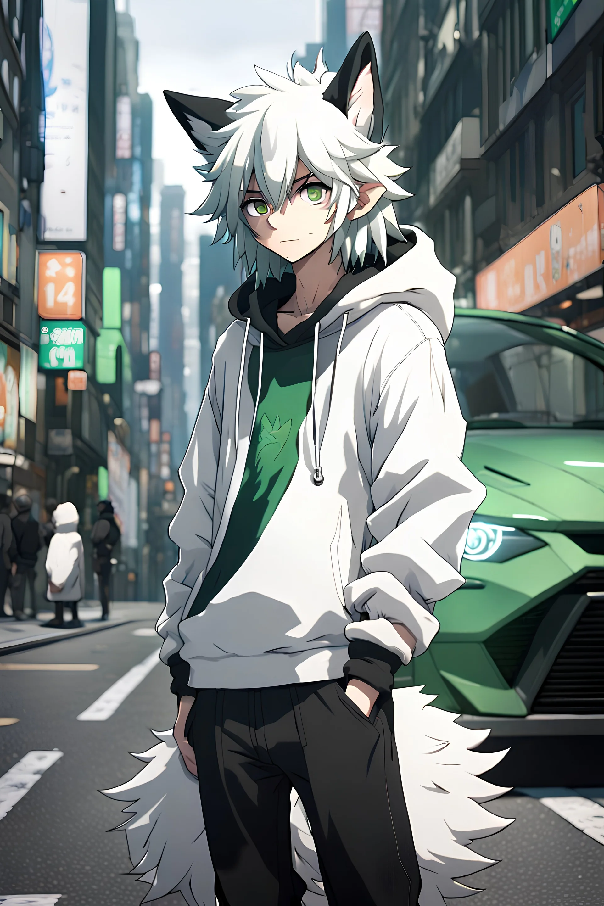 In anime, an anthropomorphic male character with white fur, white-and-green-haired, white-skinned, green-eyed, wolf ears, whiskers, a black hoodie, and black pants, is on the street in the massive capital, 8K resolution, high quality, ultra graphics, and detailed with lines.,((street, white car showcase)), aesthetic, hyper realistic, glowing lights