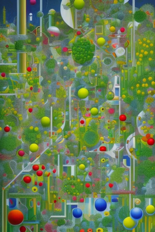 Hydroponic gardens in a surreal setting, using algorithmic designs to produce organic and sustainable crops in the style of Joan Miró and Wassily Kandinsky.