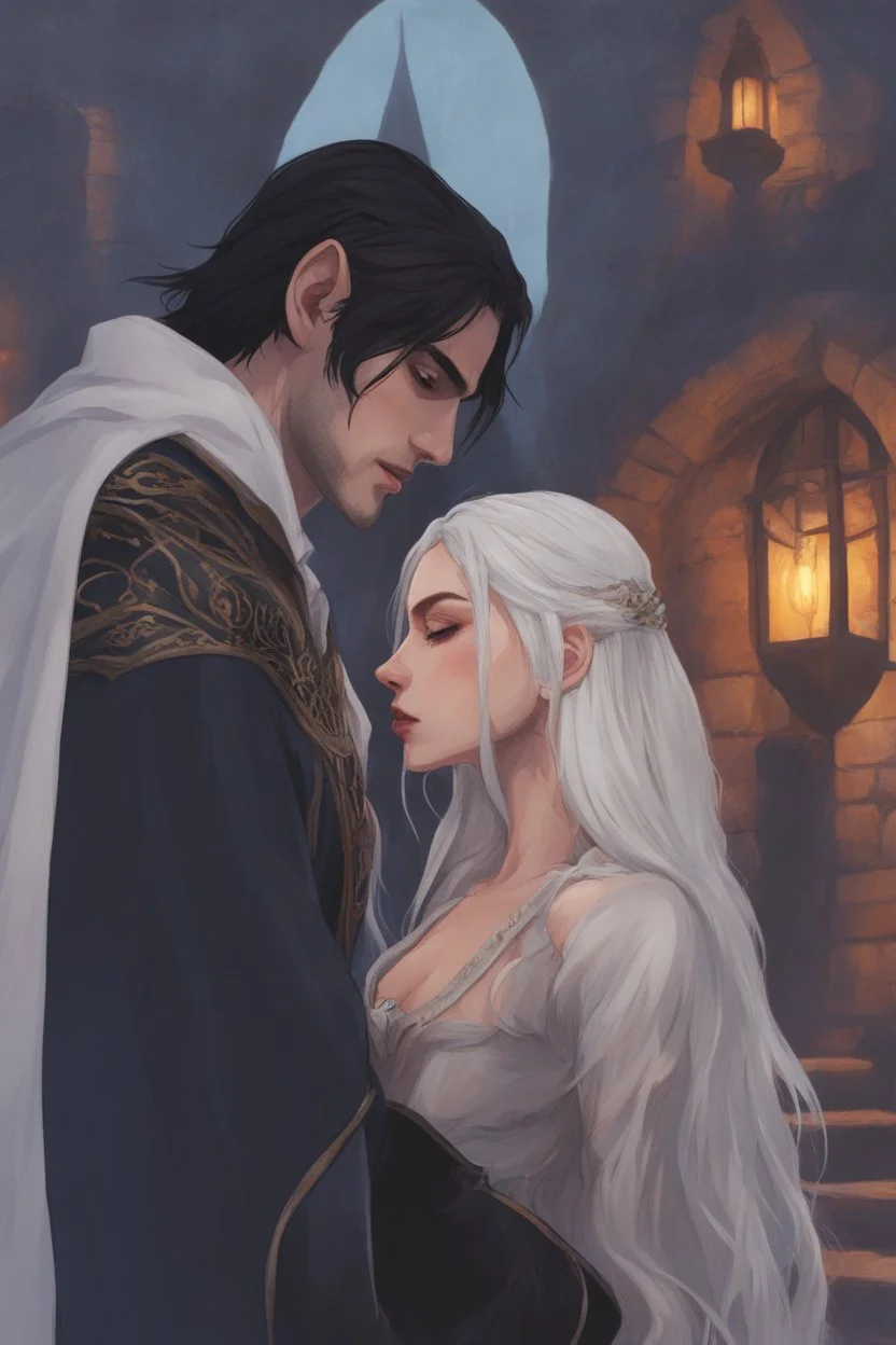 A couple from the dnd game curse of Strahd kissing. She has white hair he has long black hair. Romantic, sweet, loving.