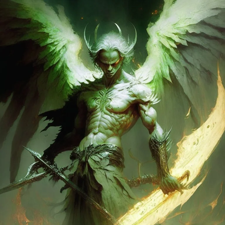 angelhombre caido de color verde palido con una espada en llamas