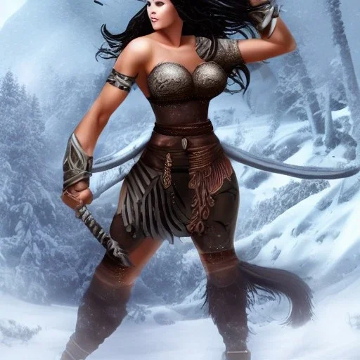 body amazon viking woman godess beauty forest snow black hair fighter