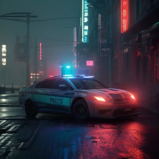 Cyberpunk,police car in night city on the rain unreal engine 5, octane render,cinema4d, dynamic lighting, 8k, redshift render, highly, hyperrealism ultra realistic, hyper realistic.