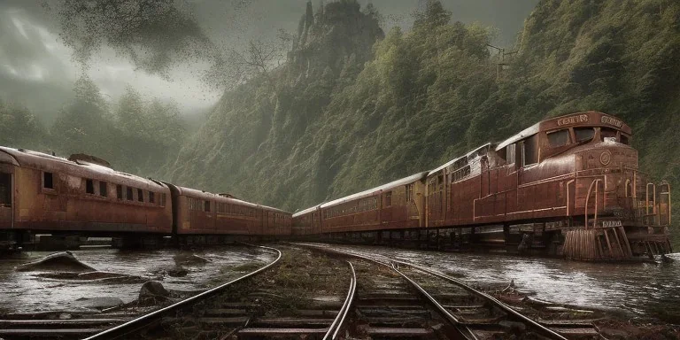 abandoned train of hogwarts between 2 giant statue dragon on tracks overgrown by nature with large puddles of water flooding part of tracks, rain, fog, 8k resolution, high-quality, fine-detail, intricate, digital art, detailed matte, volumetric lighting, illustration, 3D octane render, brian froud, howard lyon, selina french, anna dittmann, annie stokes, lisa parker, greg rutowski