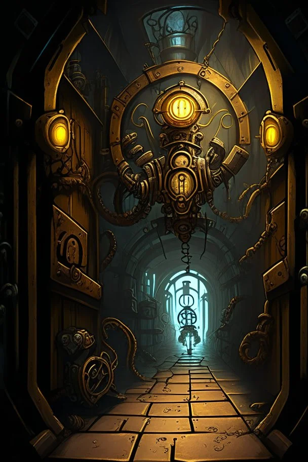 A steampunk dungeon hallway with a twisted clockwork robot rpg cover art