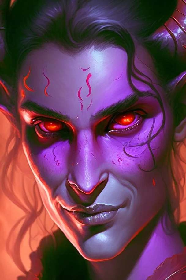 purple skin, glowing fiery eyes, smirk