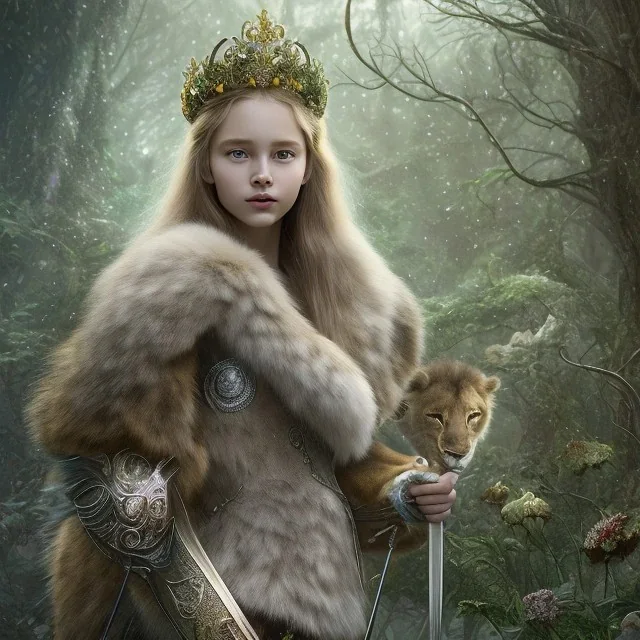 Young beautiful girl wearing floral crown and standing next to a stunning lion on nature forest path, Chronicles of Narnia, 8k resolution, high-quality, fine-detail, iridescent, intricate, digital art, detailed matte, volumetric lighting, beautiful, illustration, 3D octane render, Chronicles of Narnia, brian froud, howard lyon, selina french, anna dittmann, annie stokes, lisa parker, greg rutowski,