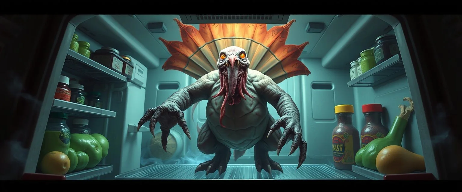 final boss pork turkey sloth demon in the fridge space craft in the style of fantasy art