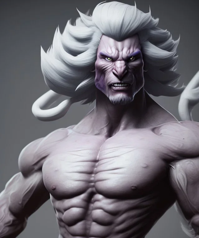 unreal 5, avatar, goku, white and purple hair, fighting pose, muscular body, shirtless, volumetric details, hyper realism