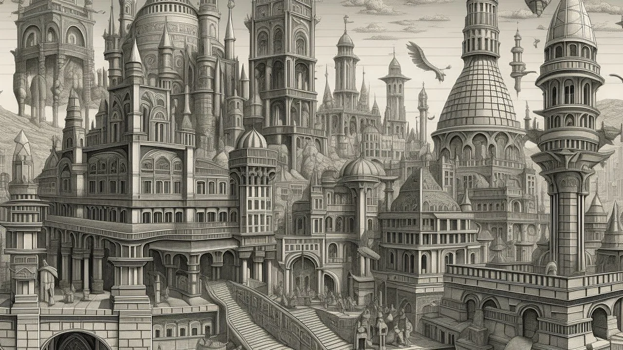 Depiction of an elaborate fantasy cityscape with various architectural styles, including classical and gothic elements, with statues of humans, animals, birds, and mythical figures with multiple levels of buildings.