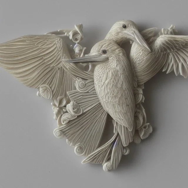 ivory brooch of a kingfisher, decorative design, classical ornament, bilateral symmetry, highly detailed etching, marble carving