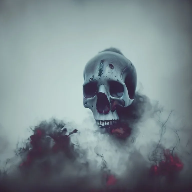 abstract photographic camera mixed with skull in dirty style. fog and smoke in atmosphere. bokeh, lens flare. Dark mood. Dripping paint. oil on canvas, mixed media, high detailed.