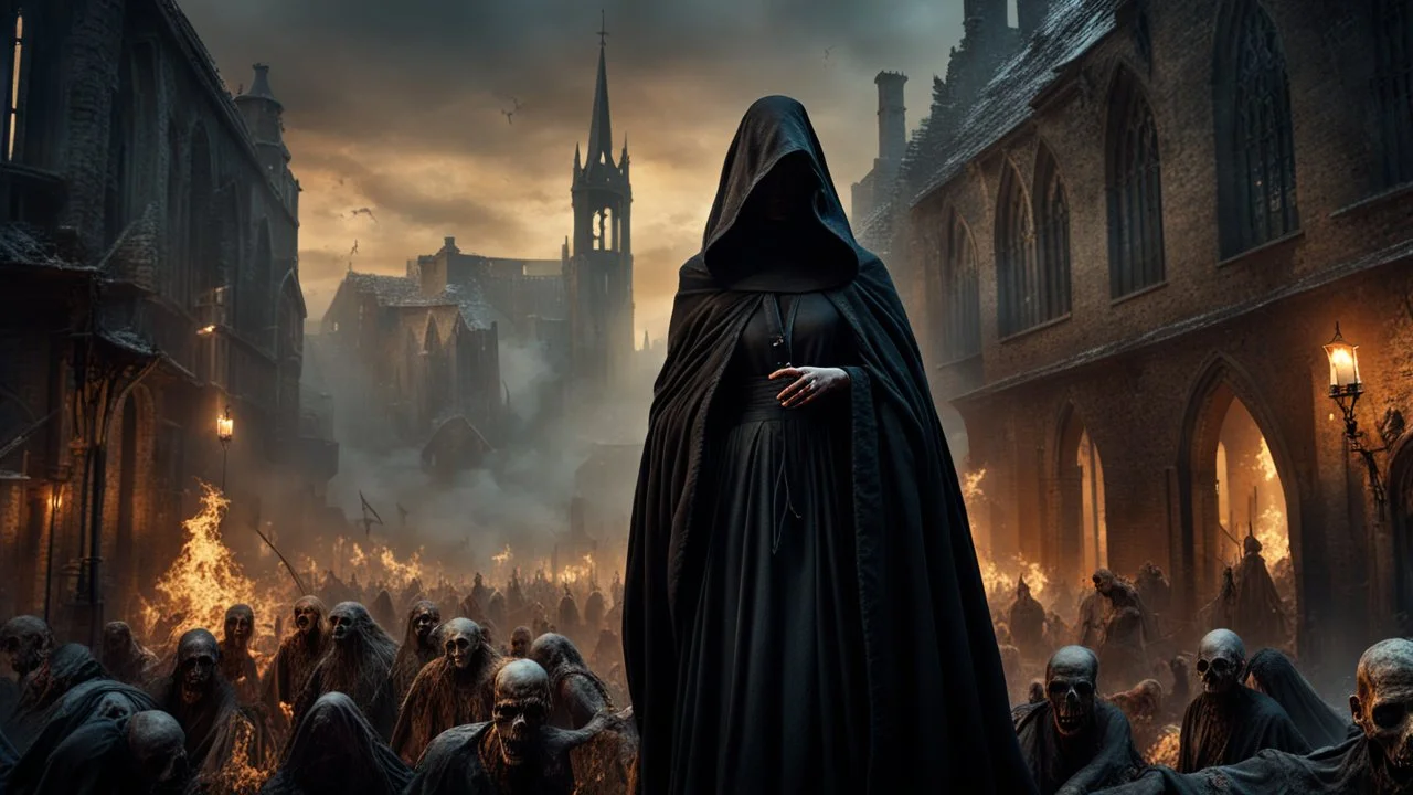 a horrifying' female sorcerer in black cloth leading an army of rotting zombies through a burning medieval city. the apocalypse. magic. fantasy setting. blood. intense horror. blind terror. scared to death. a masterpiece, fantasy concept art, dynamic lighting, hyperdetailed, intricately detailed, deep color, Unreal Engine, volumetric lighting, Epic cinematic brilliant stunning intricate meticulously detailed dramatic atmospheric maximalist digital matte painting