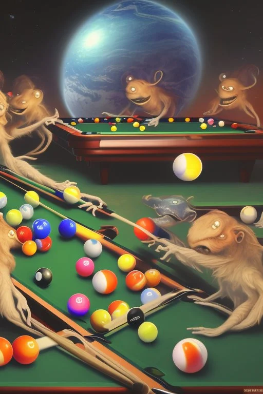 2 Aliens are playing pool and laughing. the balls on the table are planets. The main ball is planet earth. Background must not distract the main table. High resolution, 3d render and 8k