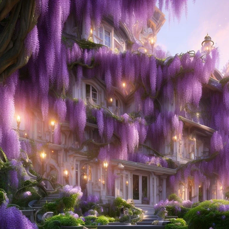 a magical flower wisteria house in the woods, pink vertical, sharp, vines, candlelit, endor, ornate, elegant, highly detailed, artstation, concept art, smooth, sharp focus, illustration, 8k, splash art, wallpaper, key visual