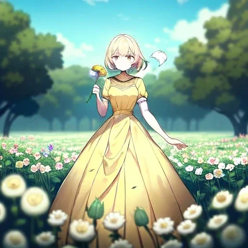 anime girl holding on to a dried dandelion flower and blowing the dried seeds into the air as the wind carries them away. outdoors scene.anime girl standing in a meadow of flowers. thw wind is blowing flower pedals into the wind. girl wearing yellow dress. more emphasis on seeds floating in the air. lots of seeds floating the air