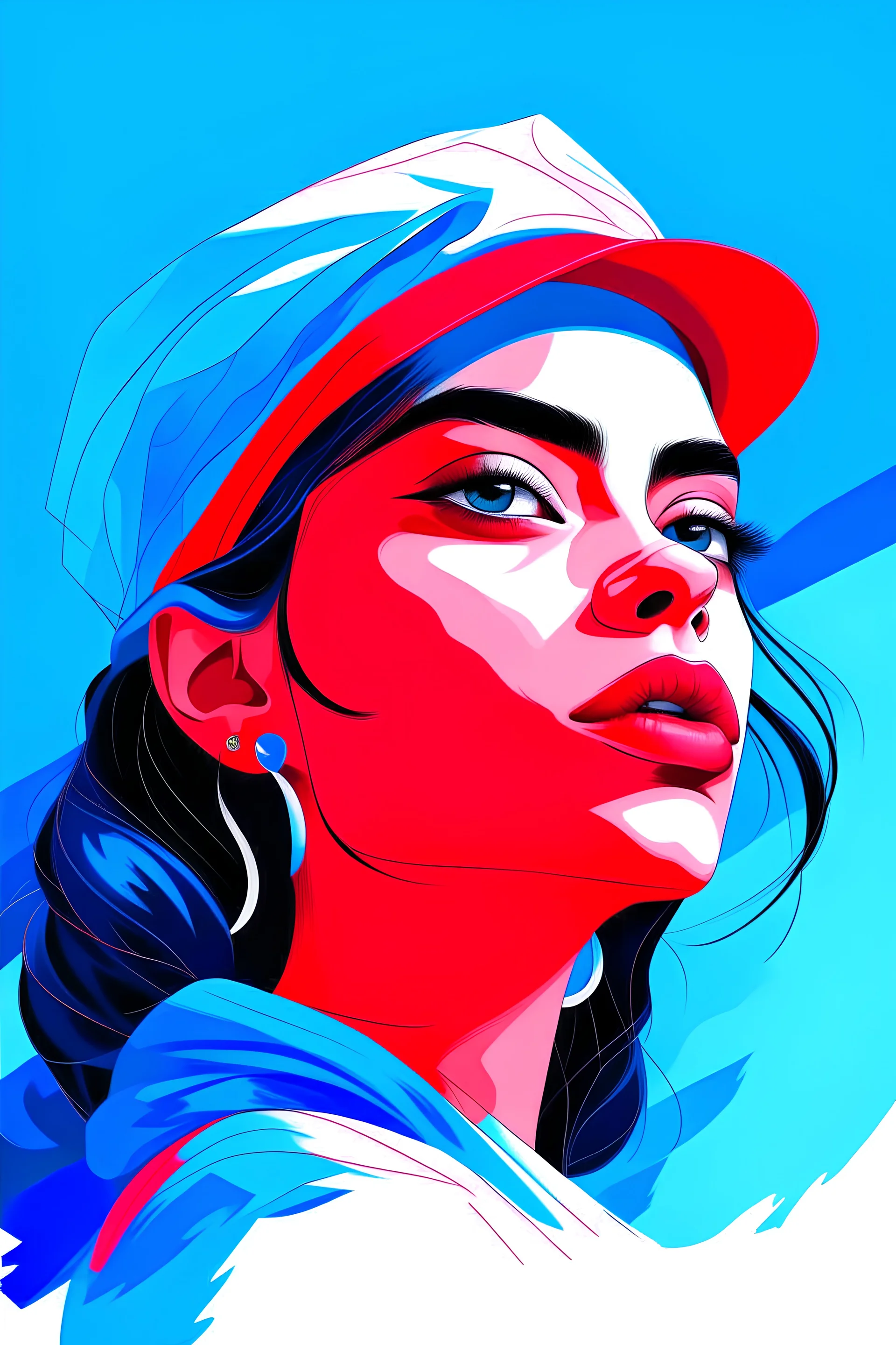 Latin American college, light sky blue and crimson style, vibrant figurative expressionism, genderless, digitally enhanced, neopop iconography, grainy digital sketch, minimal bejamin lacombe style
