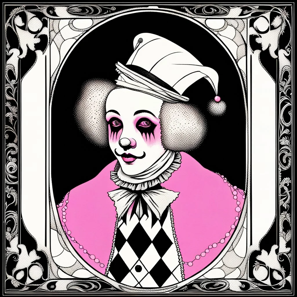 Storybook illustration of a Pierrot Clown, black and white with pink accents, Beardsely style, art nouveau elements, vintage drawing, pierrot vintage, black and white marble floor