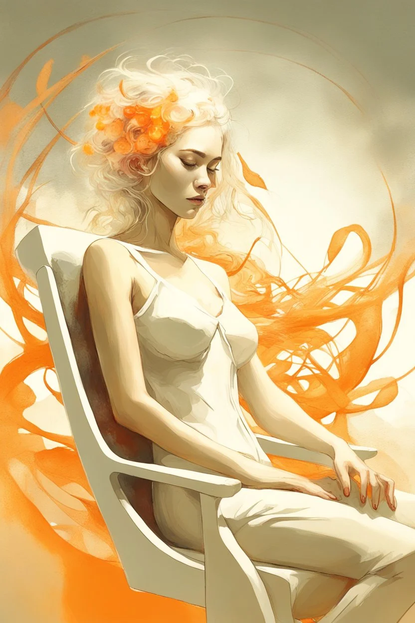 An ethereal, futuristic illustration of a woman in a state of musical immersion, with her eyes closed and a serene expression. She sits in a living chair that is alive with organic shapes and glowing orange elements, ready to embrace her. The background is soft and surreal, contributing to the otherworldly mood., by Ryohei Hase, Agnes Cecile, Raymond Swanland, Anne Bachelier