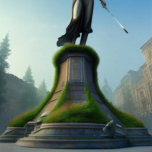 Monument, city centre, statue of human on top, look from distance, overgrown, realistic, highly detailed