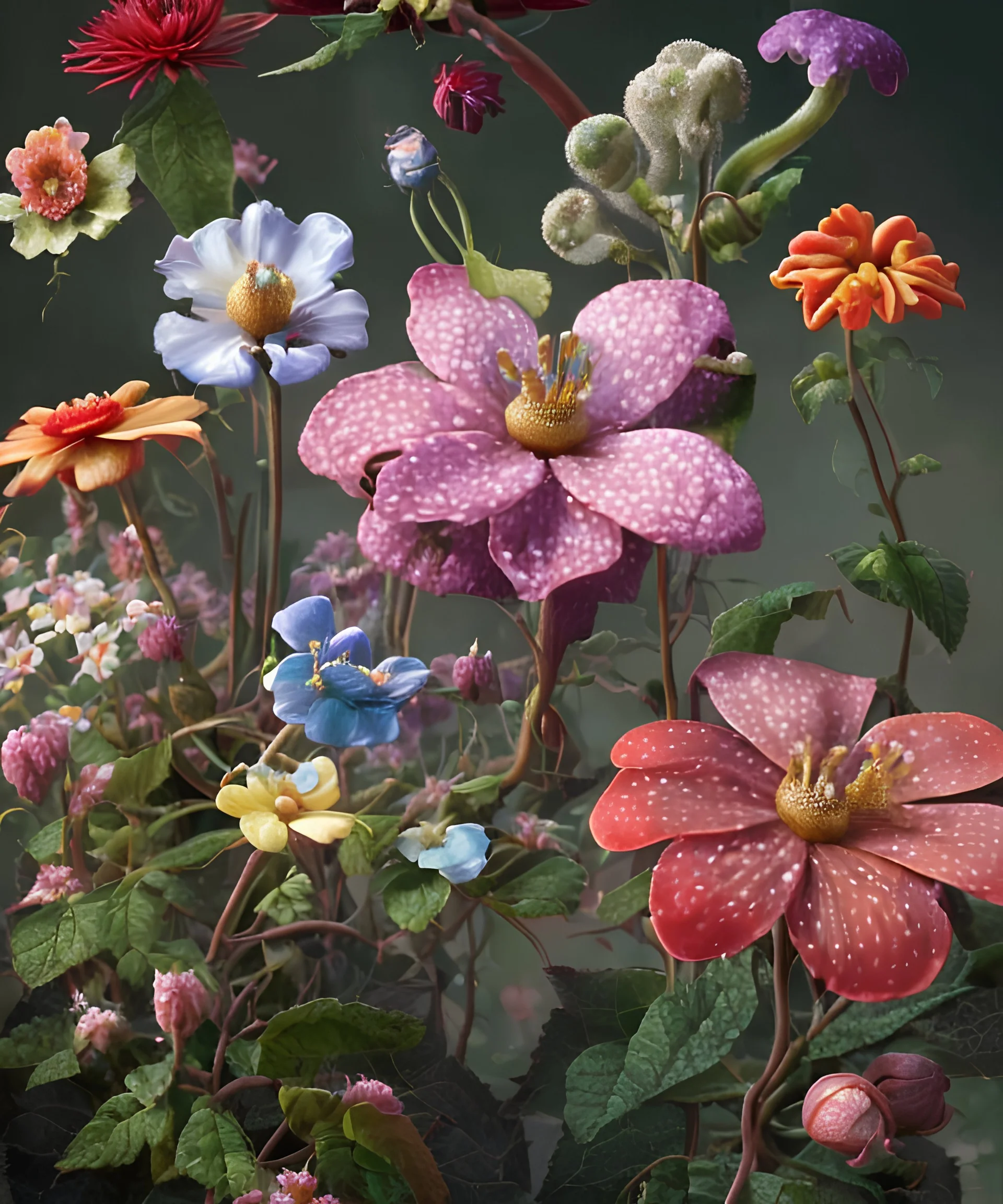 fantasy flowers, still life, multicolor, style by Catherine Abel, by Stephen Gibb, by Earnst Haeckel, by Naoto Hattori, highly detailed, sharp focus, elegant, ultra reallistic, intricate, oil on canvas, beautiful, high detail, crisp quality, colorful