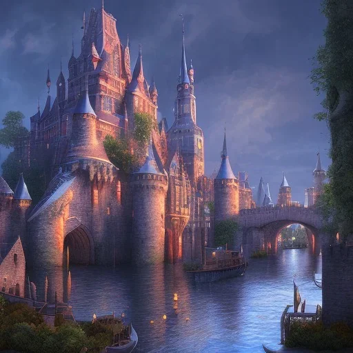 A magical gothic little town of witches with a castle and canals Nick Harris style