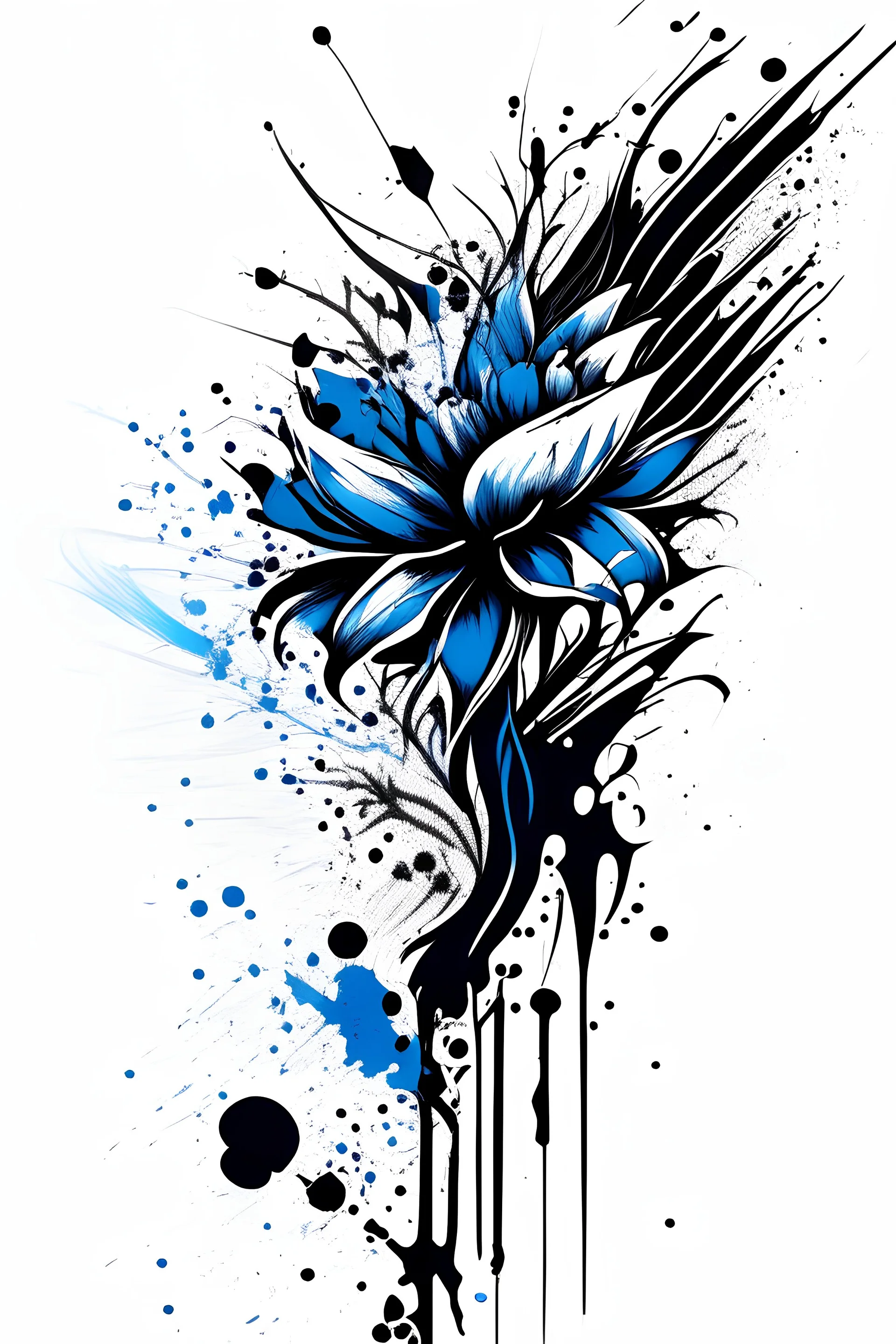 A line drawing vector with defined details black ink and a splash of blue on white background of a floral design modern for a tattoo design