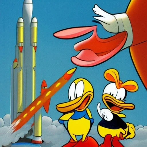 donald duck and franck traveling a rocket by jim woodring