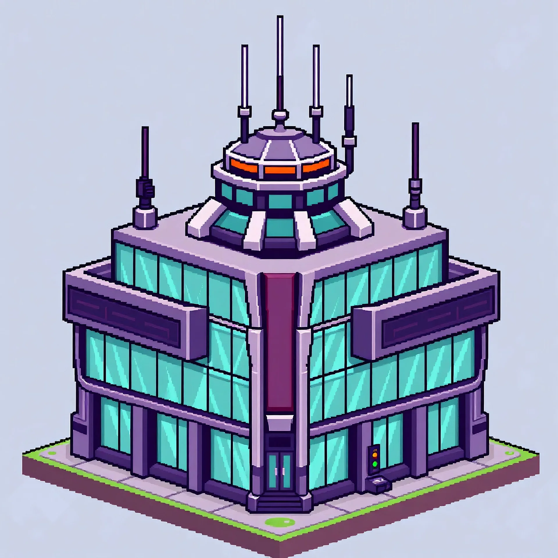 Create a pixel art icon of a headquarters building for a game, futuristic looking, glass walls, antennas, 8-bit style