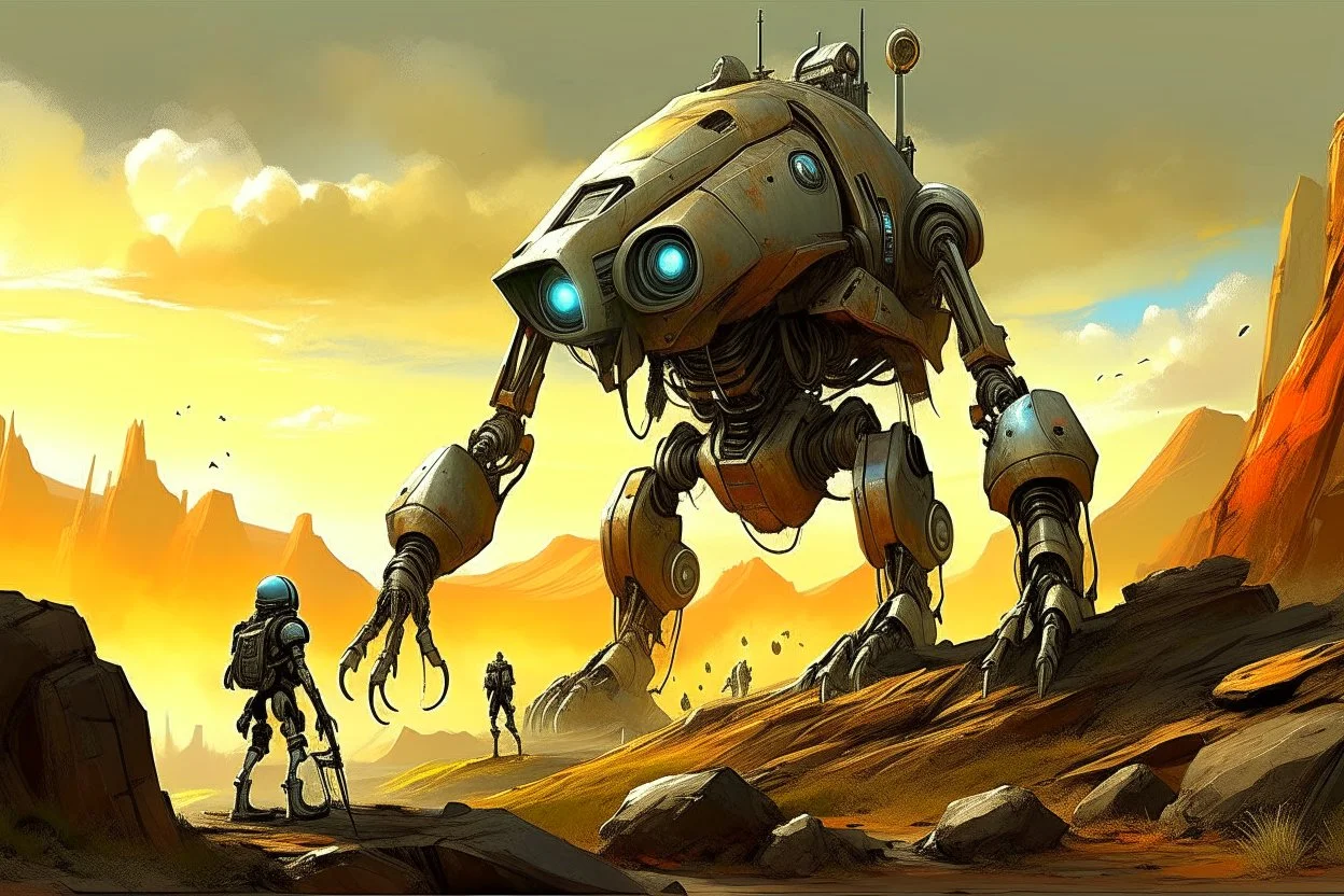 Sci-fi, sci fi dramatic scene, a colossal work bot with one drill arm and one pincher arm navigates a rocky alien planet surveying for mineral resources, grand, expansive, intricate detail, by Brian Despain, detailed full color digital illustration, comet streaking, ringed planets in distance