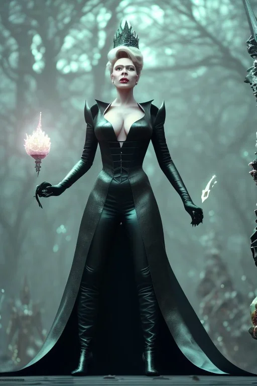 Hannah Waddingham as evil queen in black leather gown standing next to a tiny man, busty, cleavage, voluptous, rebecca Welton, angry, stern look. character design by cory loftis, fenghua zhong, ryohei hase, ismail inceoglu and ruan jia. unreal engine 5, artistic lighting, highly detailed, photorealistic, fantasy