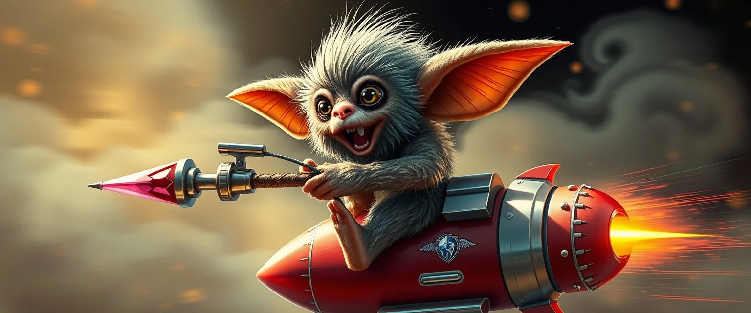 hairy macho gremlin teddy Homunculus – living in a hi tech marvellous hot dog art graphics and gems on rocket with a mounted sling shot mega harpoon, heading for venus , background motion blur and smoke swirls