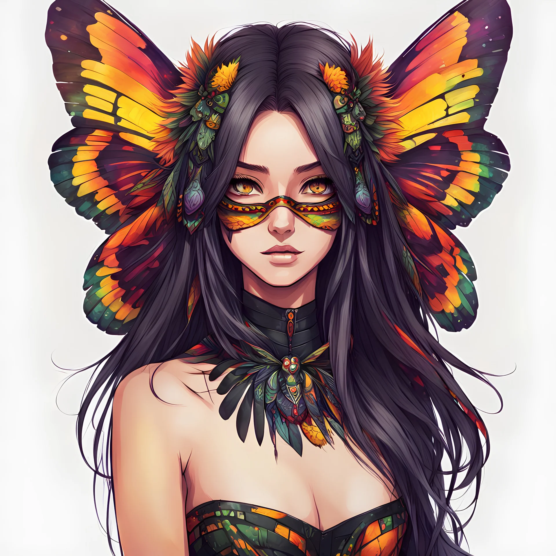 half body, long hair, with detailed schematics of a walking hybrid Madagascan sunset moth insect girl, in anime style, drawings, 8k, vibrant natural colors, white skin, wings above shoulder