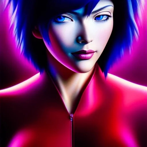 Ultra detailed fullbody Portrait in oil on canvas of beautiful Ghost in the shell,extremely detailed digital painting, extremely detailed face, crystal clear eyes, mystical colors ,perfectly centered image, perfect composition, rim light, beautiful lighting,masterpiece ,16k, stunning scene, raytracing, anatomically correct, in the style of Simon Bisley and uncannyknack and caravaggio and Seung Eun Kim and Steve Jung Jeehyung Lee.