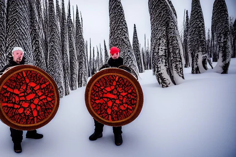 Portrait of a Northern Native Sage. Indigenous, Kekripukki, carries drum made of birch-park, Scary Horns grow from his shoulders, Midwinter, Mystic Egyptian, Traditional Costume is white with red ornaments and patterns. African style colorful faces, Arctic Hills, Strange trees, Haunting Atmosphere, North-Carelia, Karelia, Karjala, Karjalainen, traditional Carelian costumes, dripping black tears on cheek,