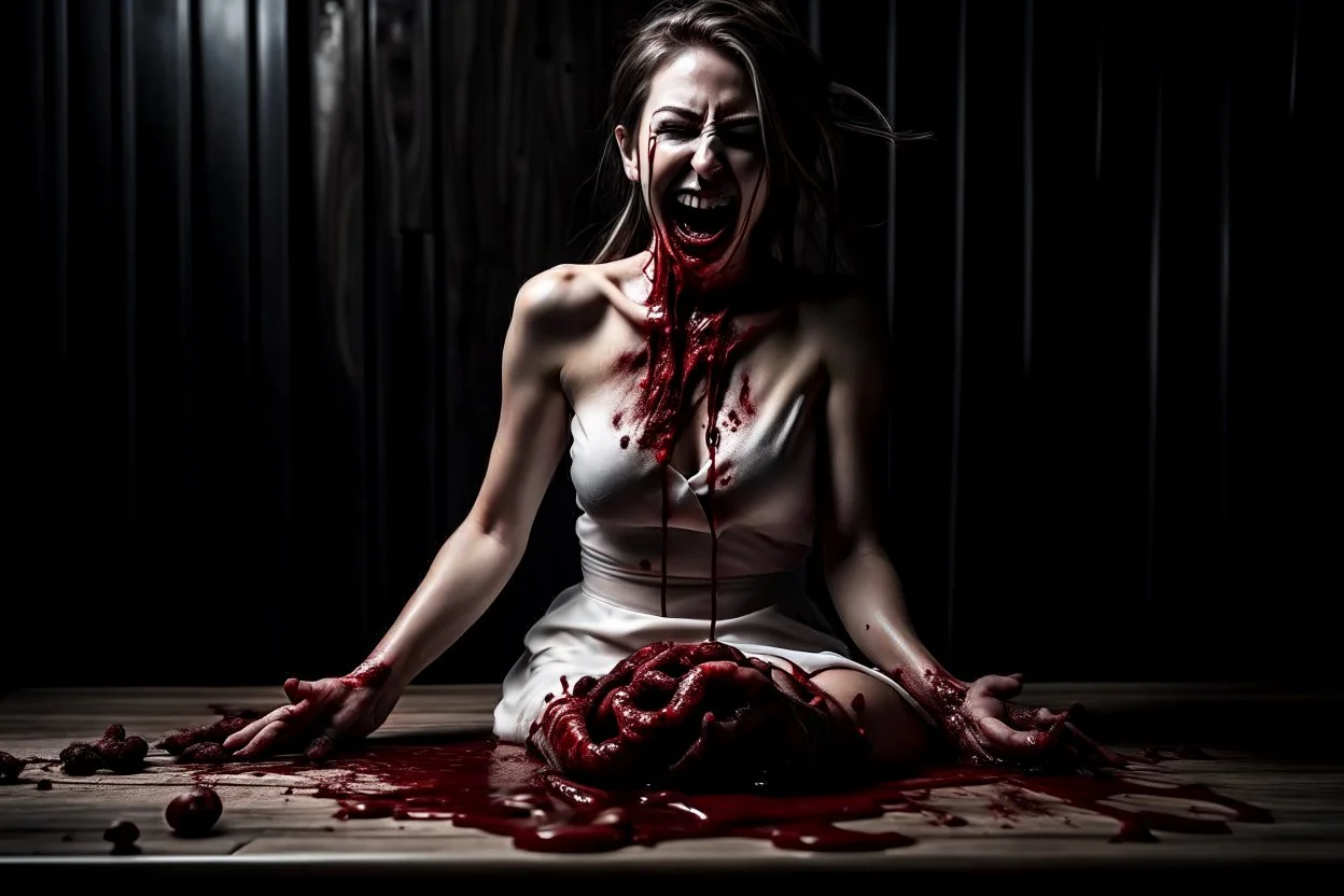 lying pose on the table, blood from her mouth stains her short white dress, dark tones, wide hd photo of a woman, full body, smiling with her mouth open,