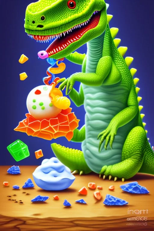 In this still life painting, a small plastic dinosaur is facing off with a gummy worm, both looking rather stern. The dinosaur has its tiny arms crossed in defiance, while the gummy worm seems to be attempting to reason with it. Meanwhile, a lone marshmallow sits nearby, looking bewildered by the whole situation. It's a humorous take on the clash between toys and sweets, with a touch of dry wit.