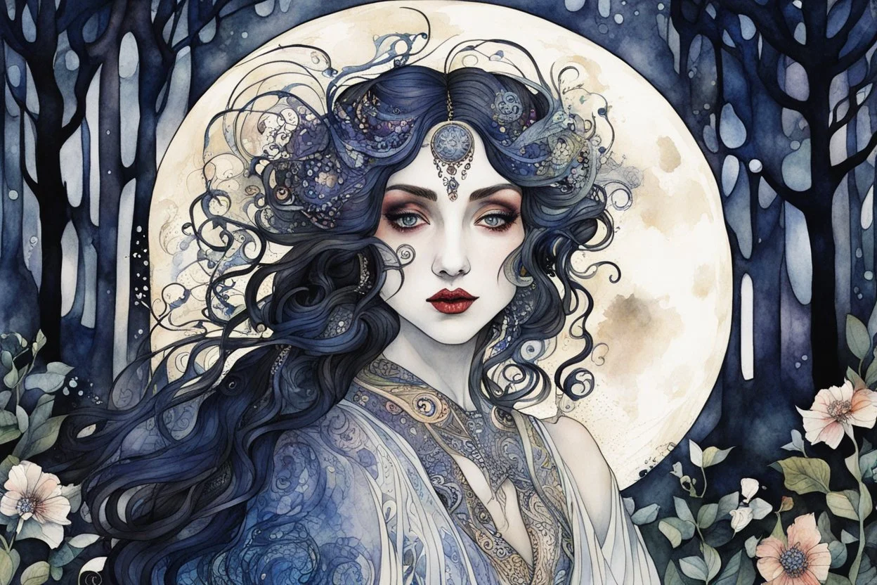 random watercolor Zentangle patterns in the styles of Gustav Klimt ,Wassily Kandinsky, Alphonse Mucha, and Kay Nielsen that depicts a haggard female vampire sorceress with highly refined facial features, in a moonlit forest glade , with fine ink outlining