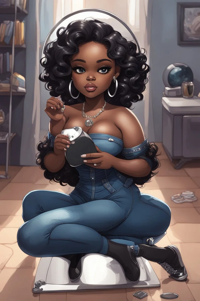 Create a futurism magna art of a black chibi curvy female sitting on the floor looking at herself in a hand mirror. She is wearing tight blue jeans and a black off the shoulder blouse. Prominent make up with lush lashes. Highly detailed long wavy hair. She is also wearing silver large hoop earringsart of a black chibi curvy female sitting on the floor looking at her cell phone. She is wearing tight blue jeans and a black off the shoulder blouse. Prominent make up with lush lashes.