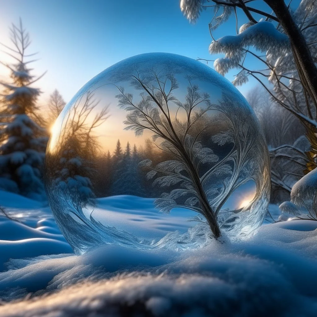 Beautiful frozen bubble. Fractals and ice crystals is frosen in the bubble. snowy landscabe witht trees topped with snow