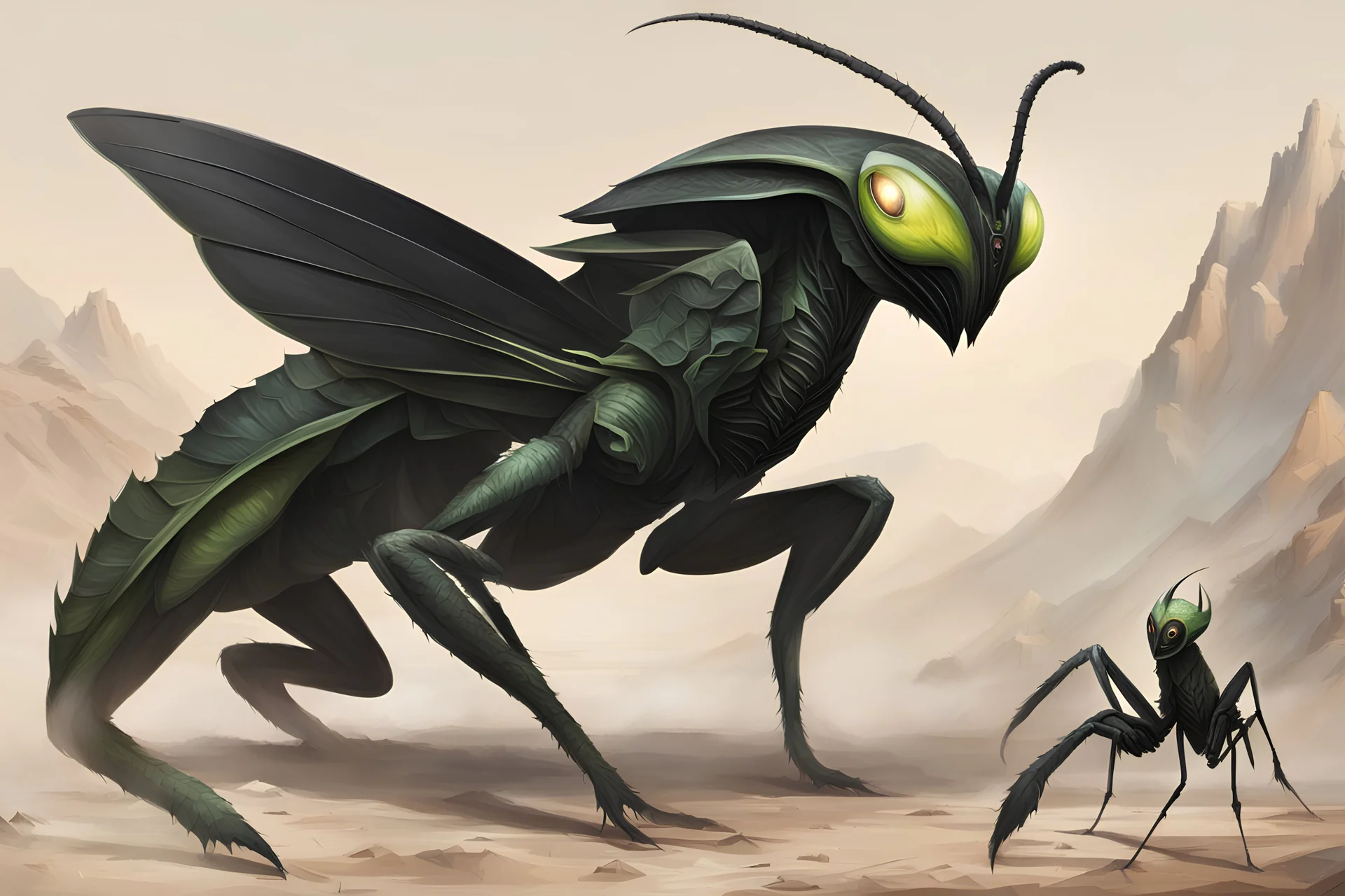 Creature with a human like face, huge black wings, mantis like arms , a scorpion like tail, and a large eye on its chest
