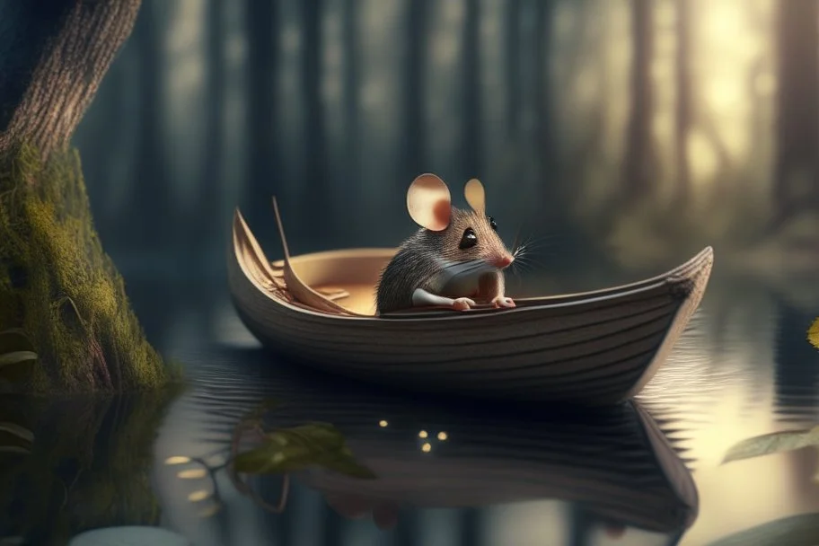 mouse in boat, in forest by lake, book illustration, fine detail, 4k, trending, volumetric light, depth of field