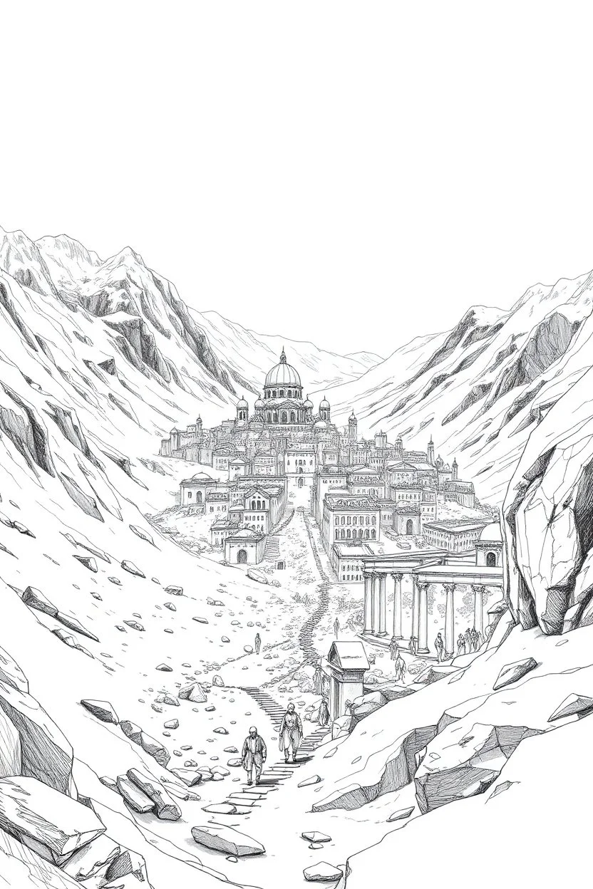 An ancient city trapped in an eternal glacier. The necropolis seems frozen in time. Fine line draw