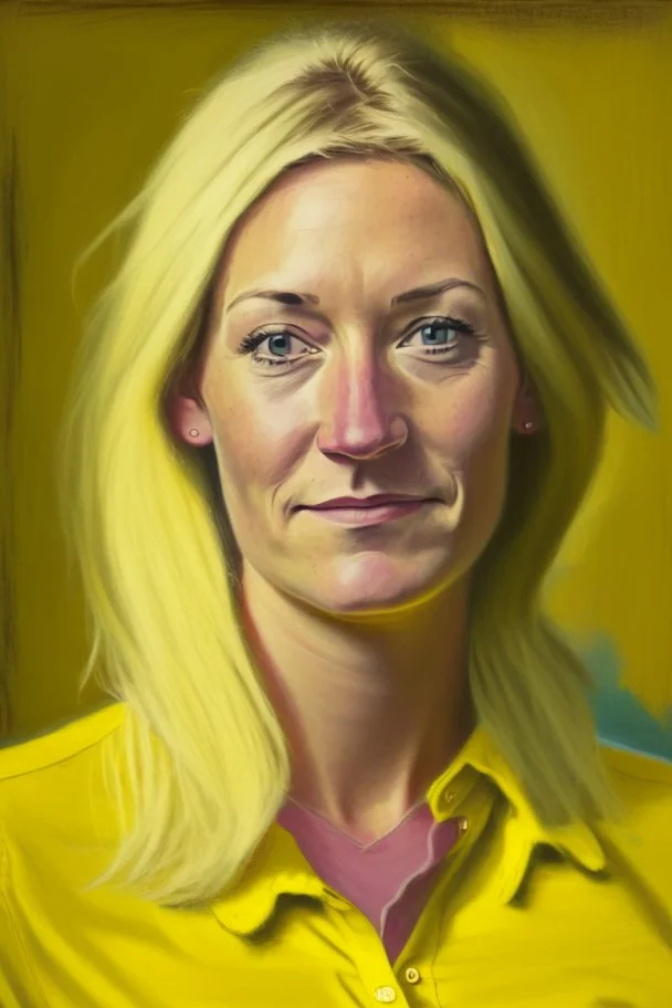 realistic Portrait of a woman in her thirties yellow shirt and dirty blonde hair. she looks like a politcian