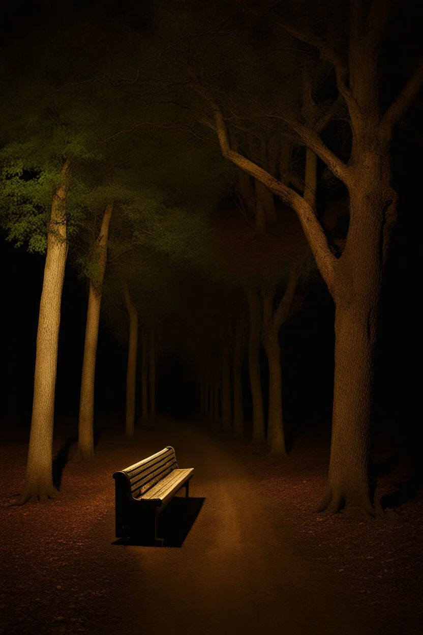 Night, square bench, dirt roads, trees, gothic horror films influence, creepy, photography