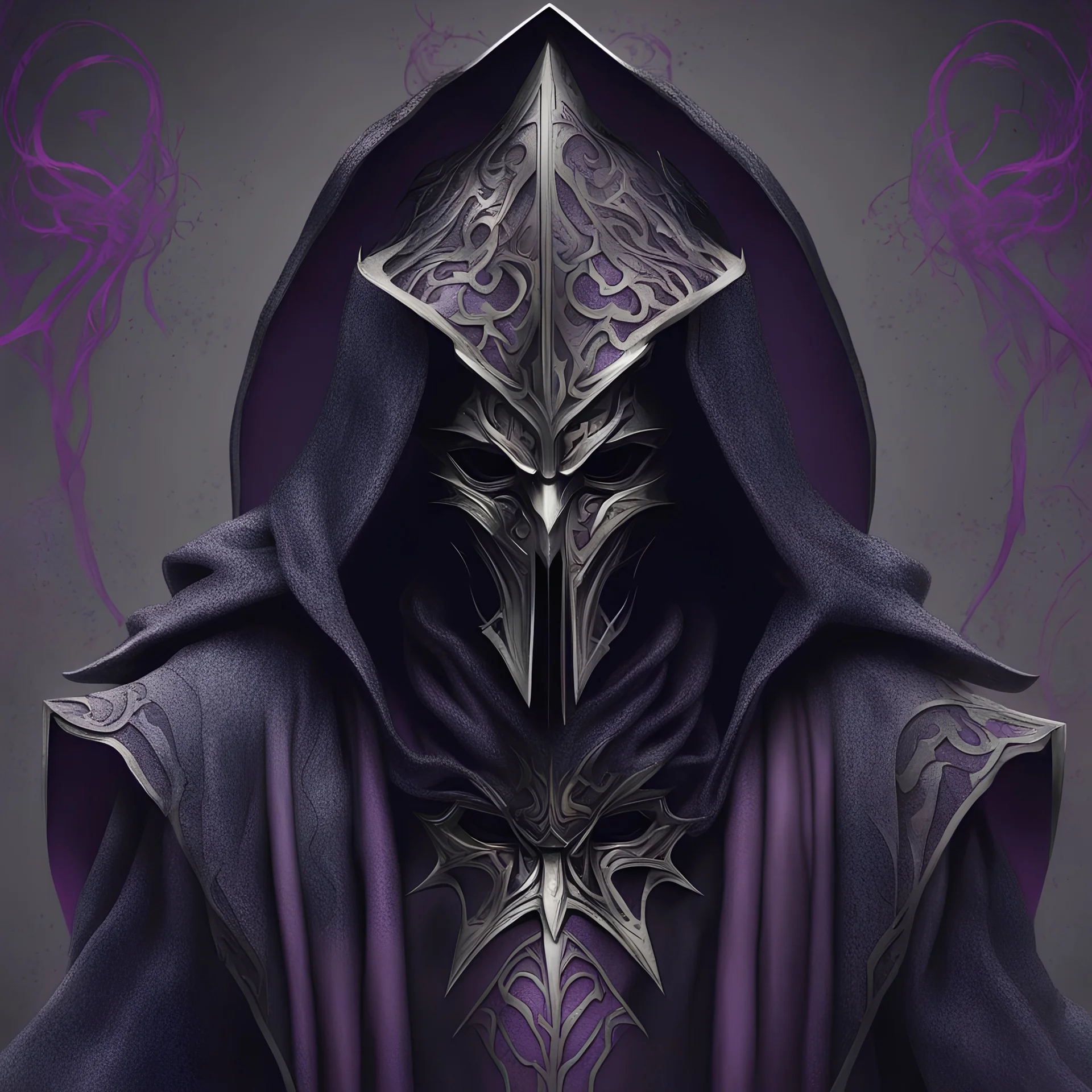 warlock, metal mask, black robe with ash purple patterns, dark, ominous, ash purple, grey background