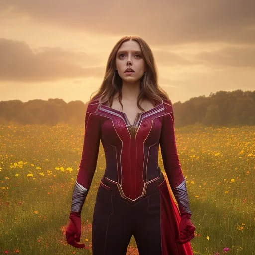 Feiticeira escarlate, Elizabeth Olsen, feiticeira, magia, bonita, cenário em um campo de flores, cinematográfico, dramático, por do sol, campo de flores, cores frias