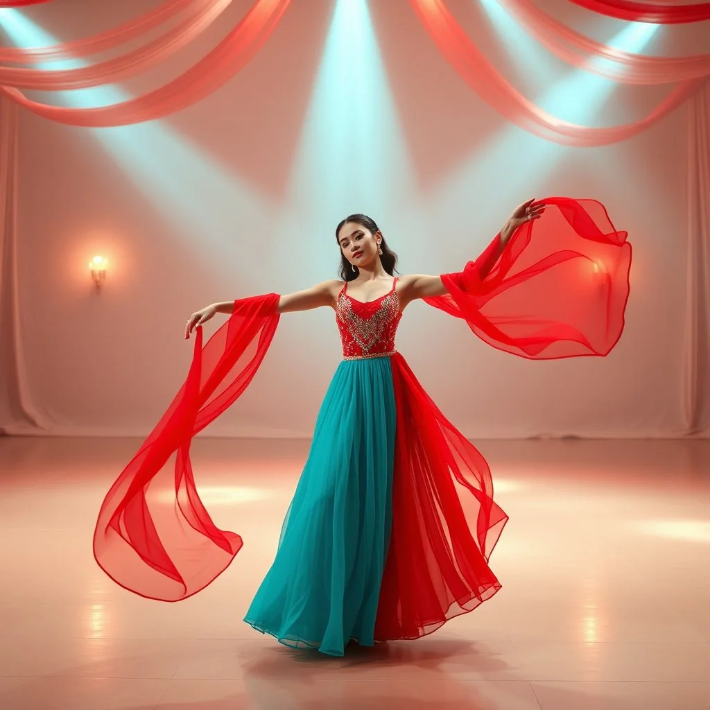 lady in azeri dance custum change clothing color to cyan and red fullbody shot standing in a pretty stage,not decolte