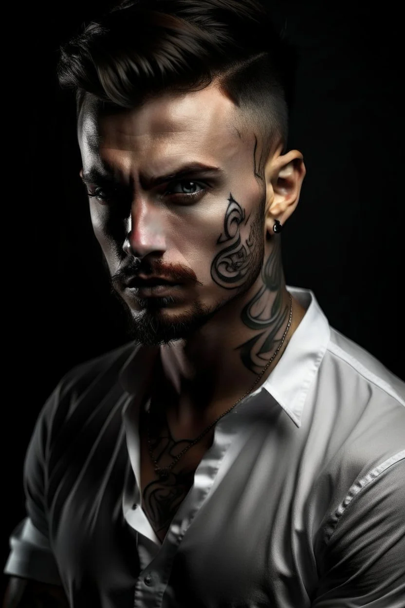 Ultra realistic photograph of muscular male in white button up shirt, dark hair cut short and stubble on chin, dark fantasy tribal tattoos