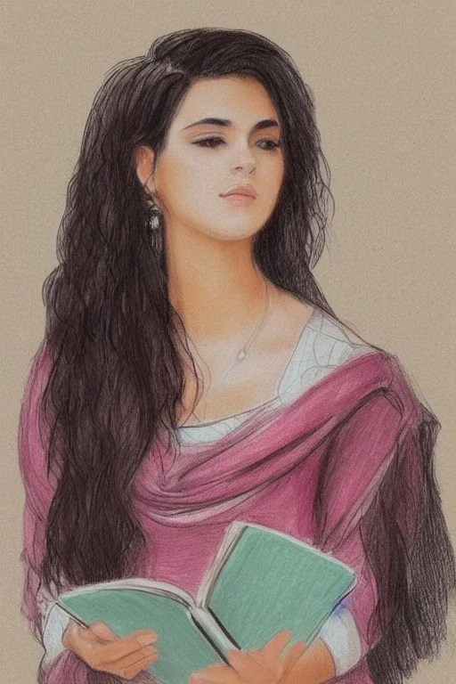 Pencil sketch of Young woman, Arab features,sad, long wavy hair, reading a book, full body، on lined paper